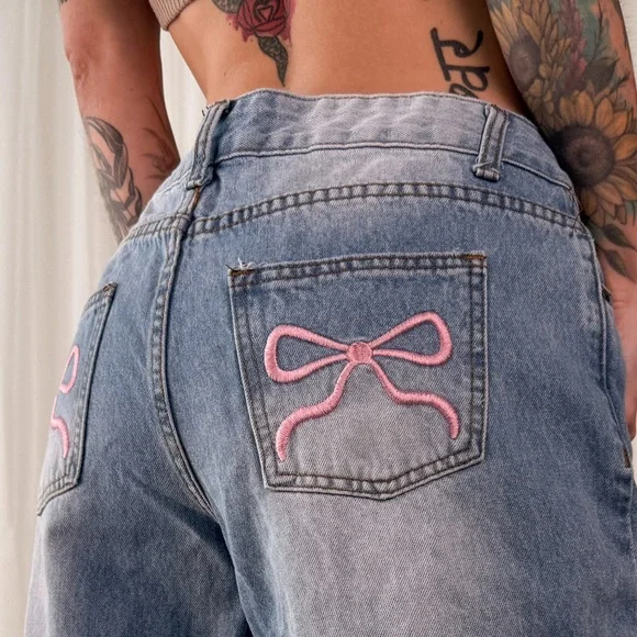 Low Rise Baggy Jeans Ribbon Bow Detail Wide Leg Jeans Telepatia Size 26 - Picture 2 of 7